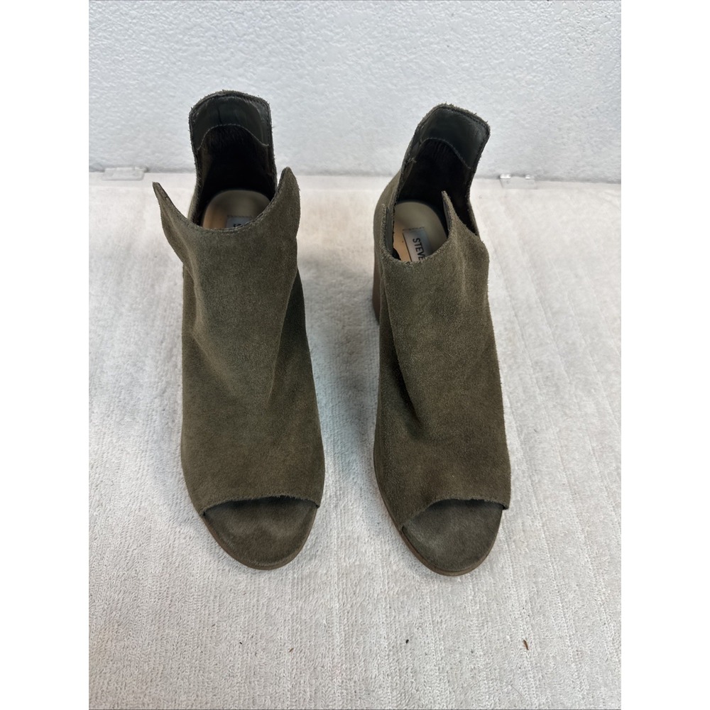 Steve Madden Nello Booties Womens 8.5M Olive Suede Peep Toe Block Heel Shoes